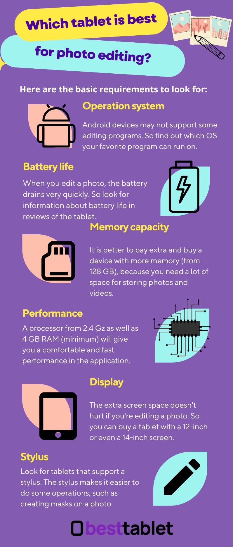 infographics with recommendation how to choose a tablet for photo editing