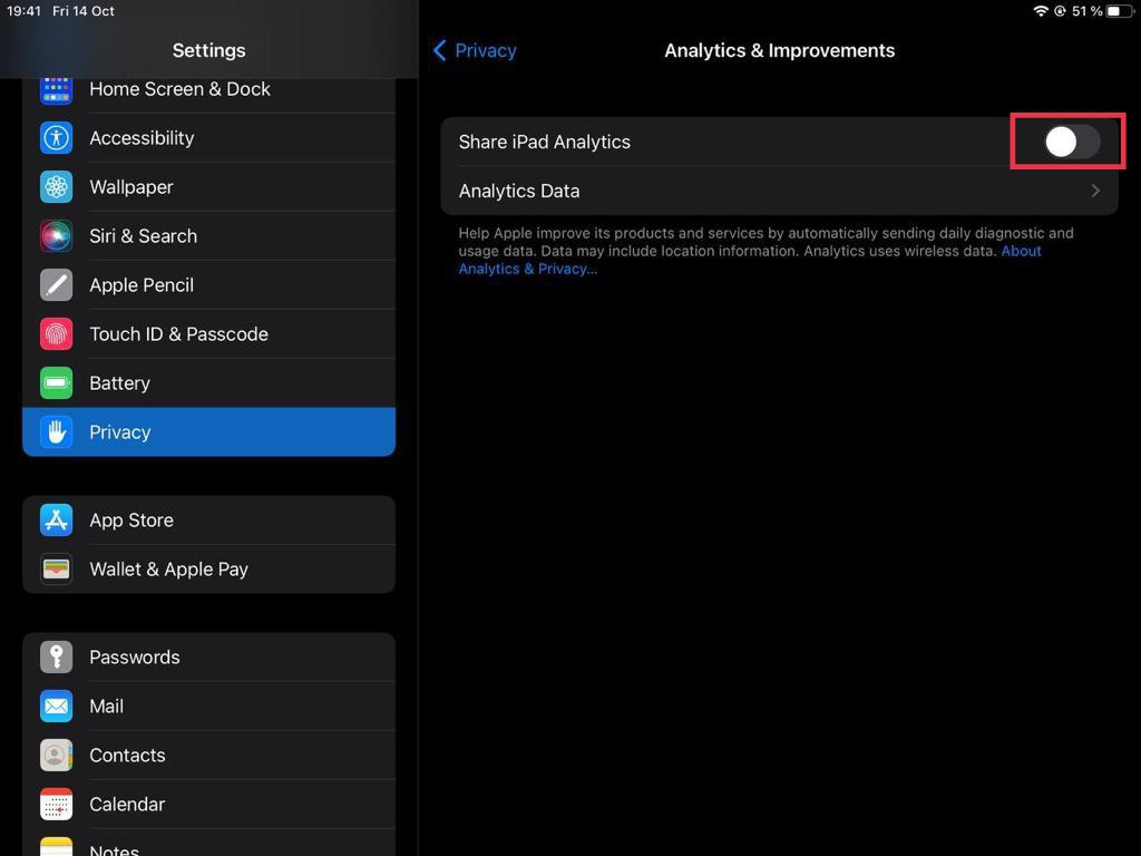 iPad Settings Privacy  Analytics 