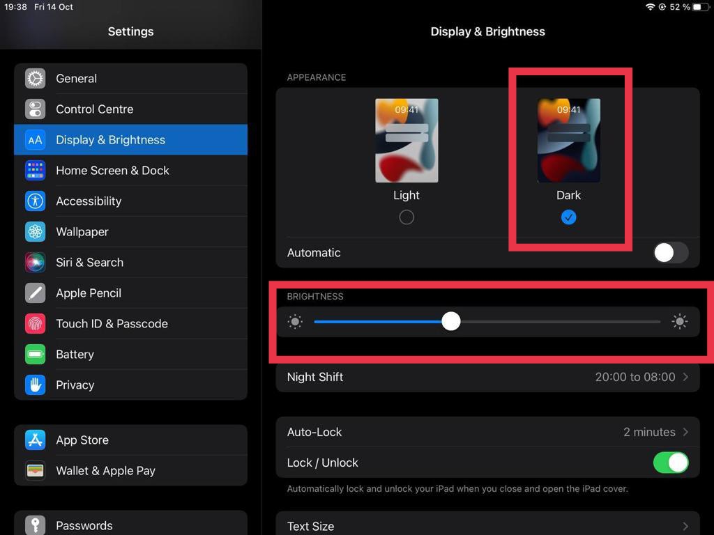 iPad display brightness settings