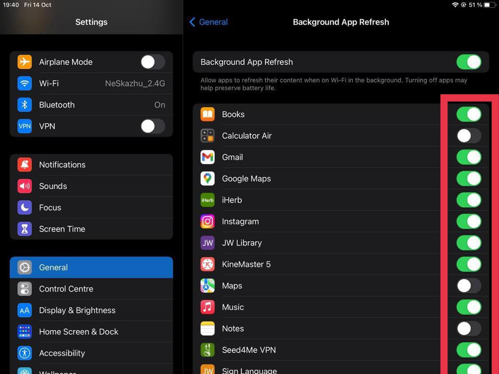 Where to turn off the background app refresh on the iPad