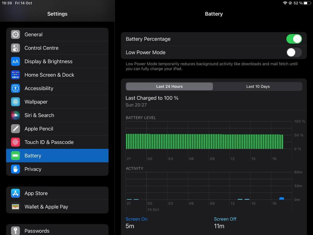 Battery settings on the iPad