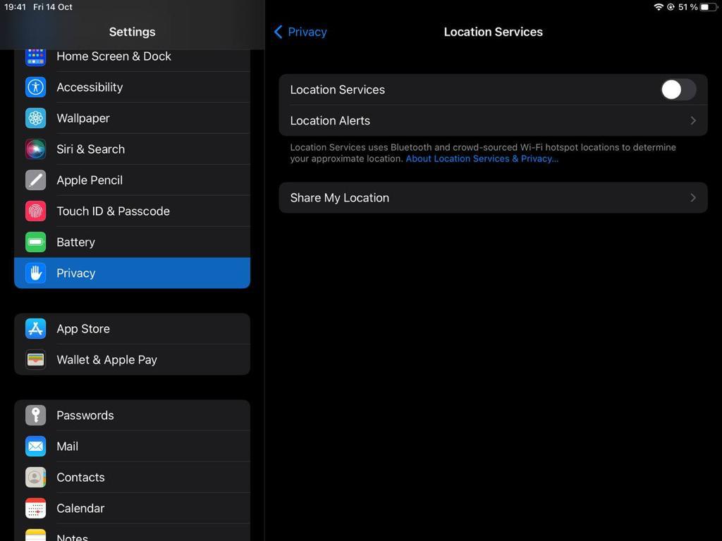 Location services settings on iPad