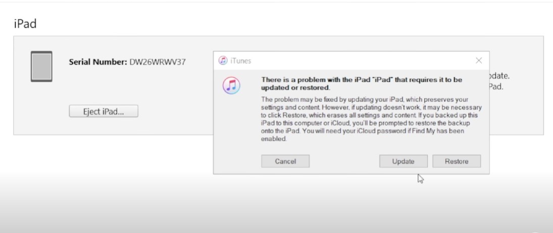 restore an iPad in the iTunes