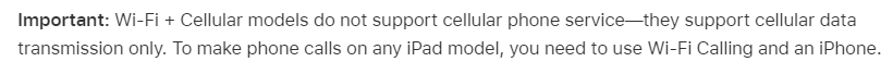 WiFi + cellular models of Apple iPad doen't support cellular phone service