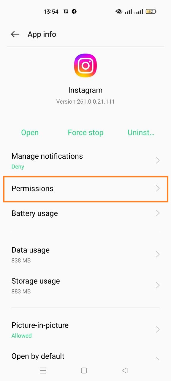 permission for insagram app