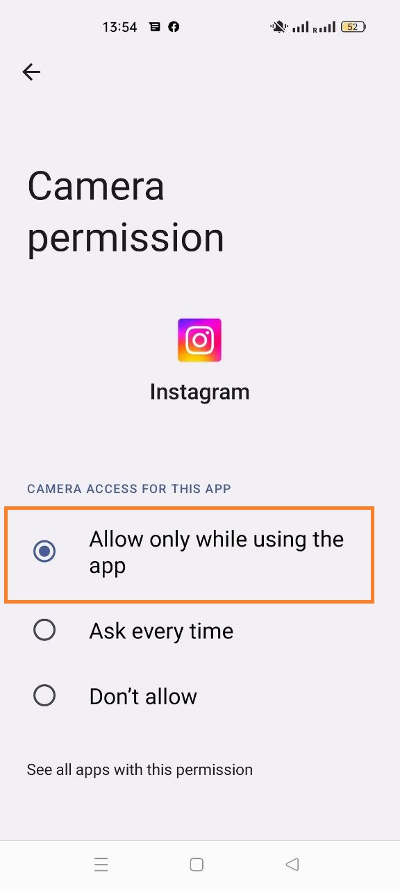 camera permissions for instagram app 