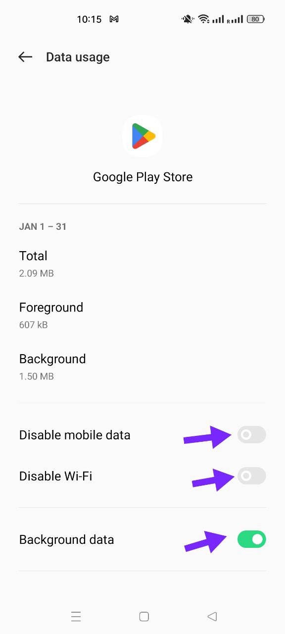 Data usage settings Play Store