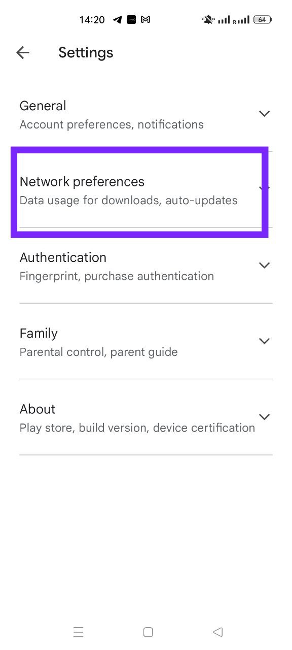 Google Play account network preferences
