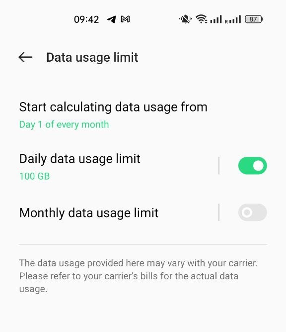 Data usage limit Android