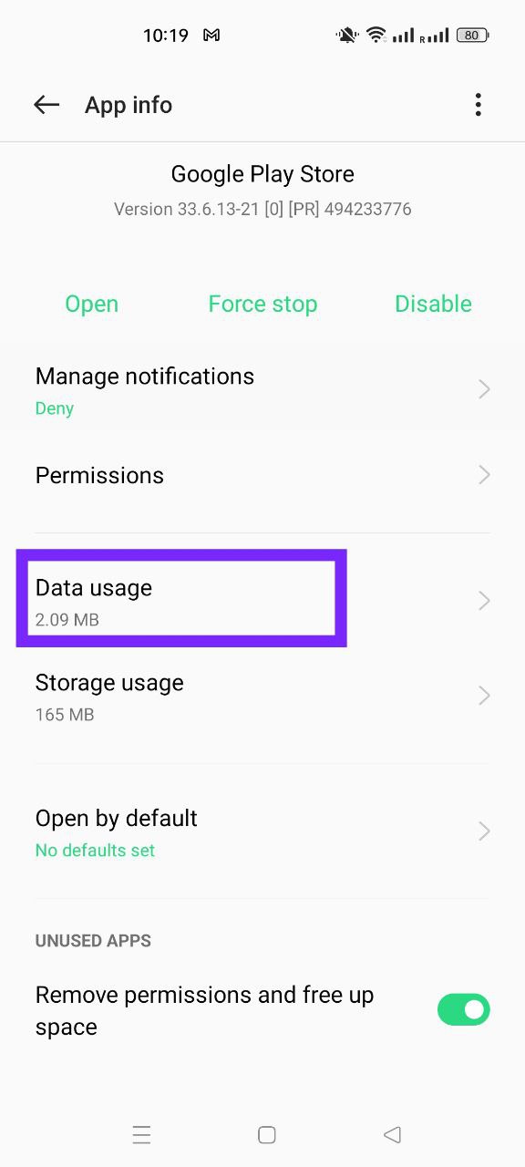 Data usage Google Play Store