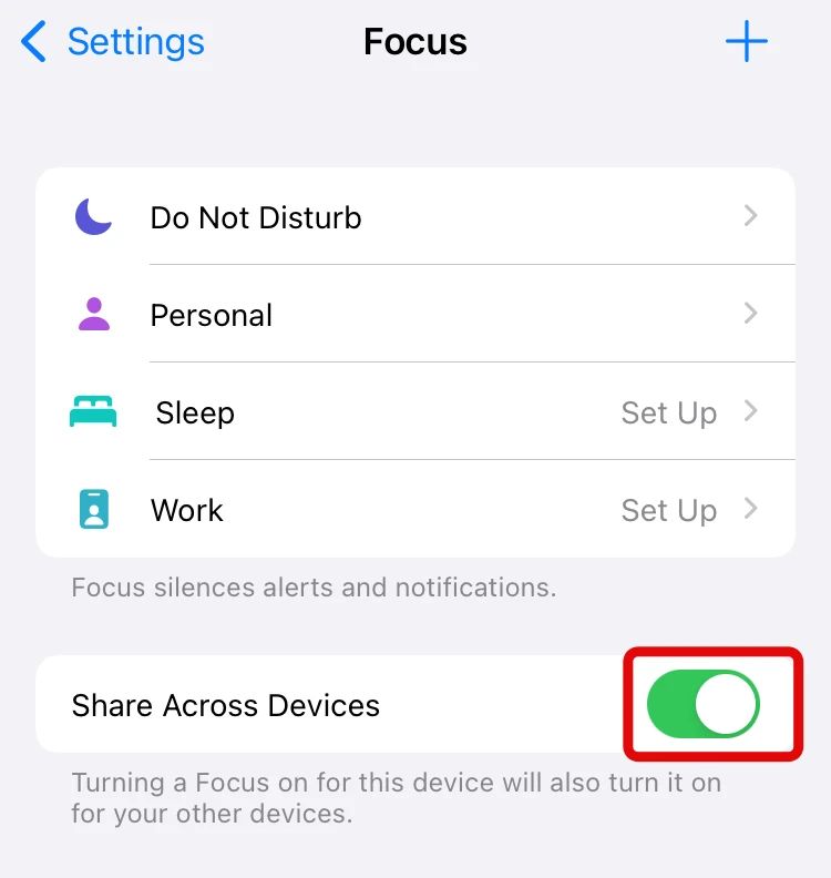 Share Across Devices Focus settings 